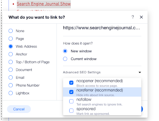 Wix Link Attribute Panel