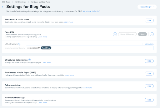Wix SEO Settings Blog Options