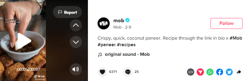 Paneer recipe screenshot from TikTok video that ranked within the TikTok Recipe Tag.